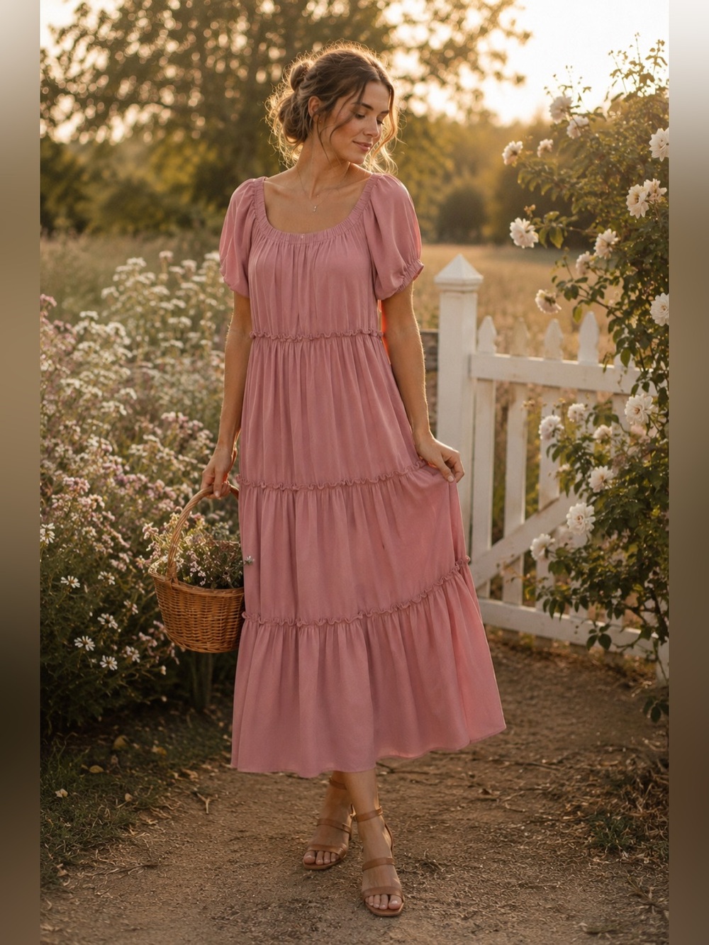 FORE Pink Tiered Maxi Dress Puff Sleeve Cottagecore Boho Medium